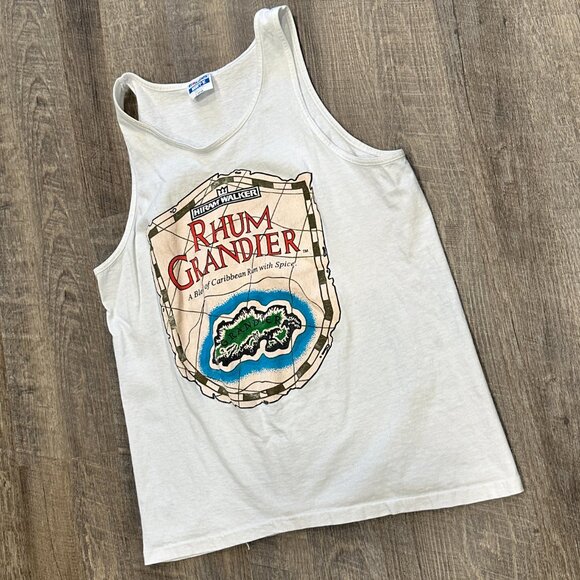 Vintage 80s Mens White Tank Top HIRAM WALKER RHUM GRANDIER Front Graphics Size L - Picture 6 of 6